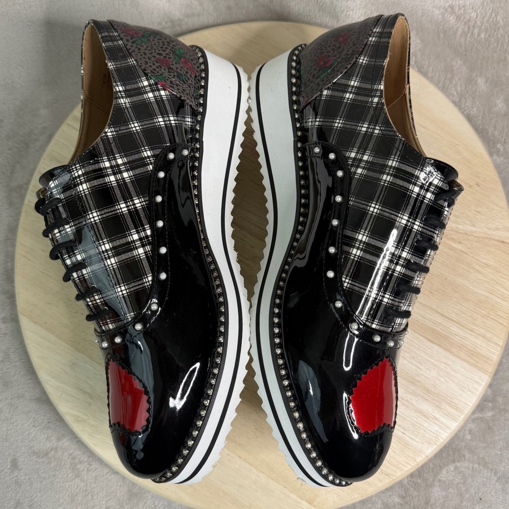 Betsey Johnson T-Nona Heart Plaid Patent Leather Platform Oxfords Black Red 10M - Picture 11 of 16